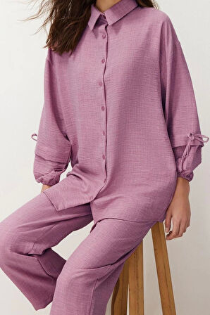 Kadın Moda Şık Regular Boy Uzun Kollu Keten Görünümlü Dokuma Alt-Üst Takım