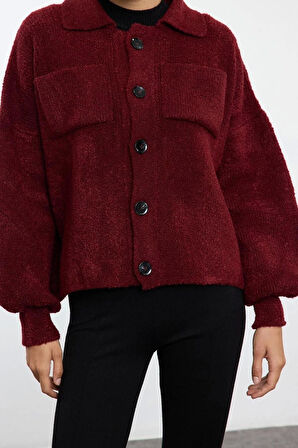 Kadın Moda Şık Regular Polo Yaka Regular Yumuşak Dokulu Mont Görünümlü Triko Hırka