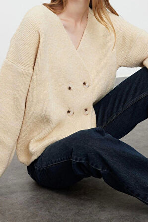 Kadın Moda Şık Midi Kruvaze Regular Yumuşak Dokulu Kruvaze Triko Hırka