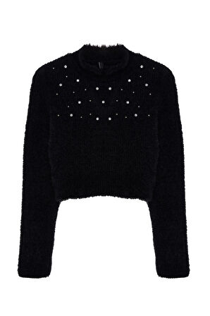 Kadın Moda Şık Dik Yaka Standart Kol Crop Yumuşak Dokulu Boncuk Detaylı Triko Kazak