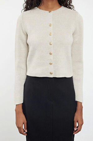 Kadın Moda Şık Crop Bisiklet Yaka Regular Crop Ceket Görünümlü Triko Hırka