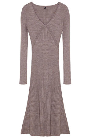 Kadın Moda Şık Midi Boy V Yaka Regular Triko Etek Ucu Fırfırlı Elbise