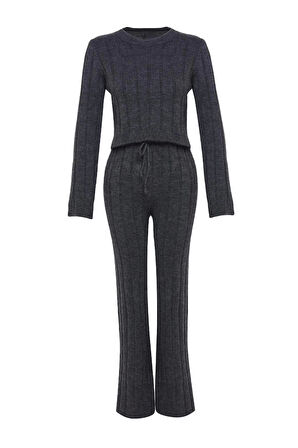 Kadın Moda Şık Regular Boy Uzun Kollu Crop Kazak-Pantolon Triko Alt-Üst Takım