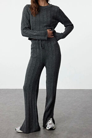 Kadın Moda Şık Regular Boy Uzun Kollu Crop Kazak-Pantolon Triko Alt-Üst Takım