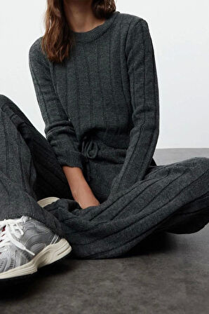 Kadın Moda Şık Regular Boy Uzun Kollu Crop Kazak-Pantolon Triko Alt-Üst Takım