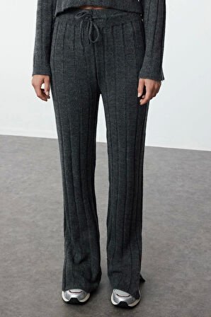 Kadın Moda Şık Regular Boy Uzun Kollu Crop Kazak-Pantolon Triko Alt-Üst Takım