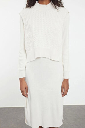 Kadın Moda Şık Midi Boy Dik Yaka Regular Triko Kazak-Elbise Takım