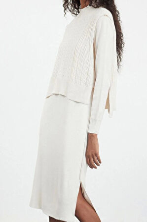 Kadın Moda Şık Midi Boy Dik Yaka Regular Triko Kazak-Elbise Takım