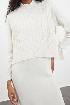 Kadın Moda Şık Midi Boy Dik Yaka Regular Triko Kazak-Elbise Takım