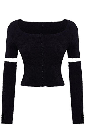 Kadın Moda Şık Crop Kare Yaka Slim Crop Tüylü Triko Hırka