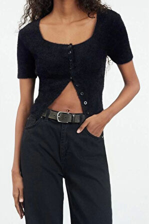 Kadın Moda Şık Crop Kare Yaka Slim Crop Tüylü Triko Hırka