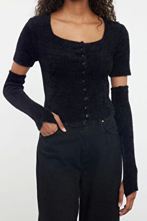 Kadın Moda Şık Crop Kare Yaka Slim Crop Tüylü Triko Hırka