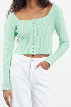 Kadın Moda Şık Crop Kare Yaka Regular Crop Kare Yaka Triko Hırka