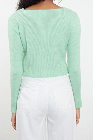 Kadın Moda Şık Crop Kare Yaka Regular Crop Kare Yaka Triko Hırka