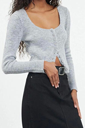 Kadın Moda Şık Crop Kare Yaka Regular Crop Kare Yaka Triko Hırka