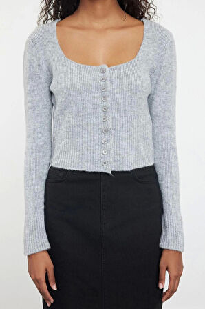 Kadın Moda Şık Crop Kare Yaka Regular Crop Kare Yaka Triko Hırka