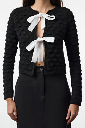Kadın Moda Şık Crop Bisiklet Yaka Regular Crop Yumuşak Dokulu Kurdele Detaylı Triko Hırka