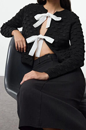 Kadın Moda Şık Crop Bisiklet Yaka Regular Crop Yumuşak Dokulu Kurdele Detaylı Triko Hırka
