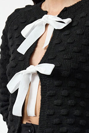 Kadın Moda Şık Crop Bisiklet Yaka Regular Crop Yumuşak Dokulu Kurdele Detaylı Triko Hırka