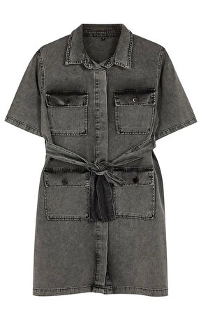 Kadın Moda Şık Büyük Beden Mini Boy Gömlek Yaka Denim Koyu Mavi Kuşak Detaylı Gömlek Elbise
