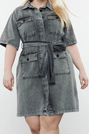 Kadın Moda Şık Büyük Beden Mini Boy Gömlek Yaka Denim Koyu Mavi Kuşak Detaylı Gömlek Elbise