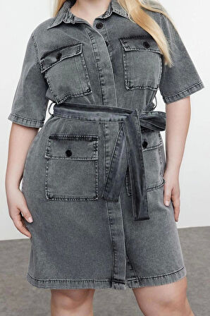Kadın Moda Şık Büyük Beden Mini Boy Gömlek Yaka Denim Koyu Mavi Kuşak Detaylı Gömlek Elbise
