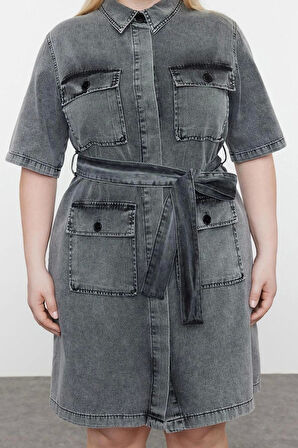 Kadın Moda Şık Büyük Beden Mini Boy Gömlek Yaka Denim Koyu Mavi Kuşak Detaylı Gömlek Elbise