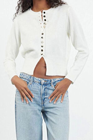 Kadın Moda Şık Regular Bisiklet Yaka Regular Basic Düğmeli Triko Hırka