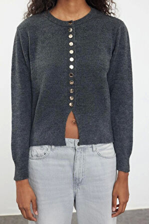 Kadın Moda Şık Regular Bisiklet Yaka Regular Basic Düğmeli Triko Hırka