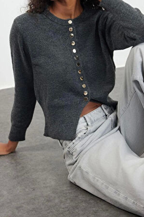 Kadın Moda Şık Regular Bisiklet Yaka Regular Basic Düğmeli Triko Hırka