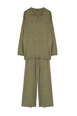 Kadın Moda Şık Regular Midi Boy Uzun Kollu Polo Yaka Triko Kazak Pantolon Alt-Üst Takım