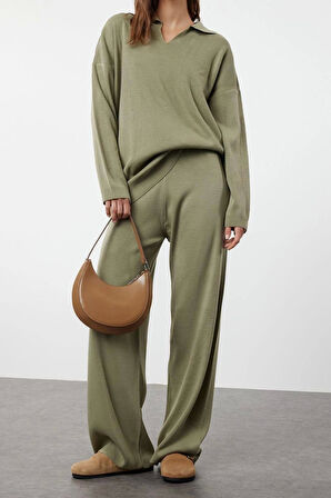 Kadın Moda Şık Regular Midi Boy Uzun Kollu Polo Yaka Triko Kazak Pantolon Alt-Üst Takım