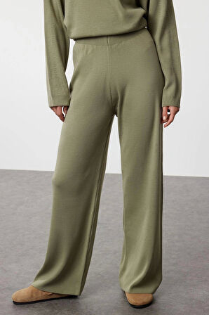 Kadın Moda Şık Regular Midi Boy Uzun Kollu Polo Yaka Triko Kazak Pantolon Alt-Üst Takım