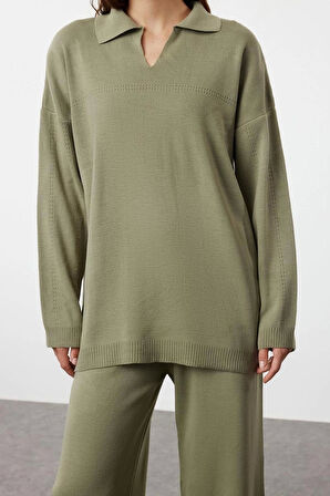 Kadın Moda Şık Regular Midi Boy Uzun Kollu Polo Yaka Triko Kazak Pantolon Alt-Üst Takım