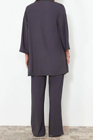 Kadın Moda Şık Geniş Paça Uzun Boy Uzun Kollu Relaxed Rahat Kesim Örme Kimona Pantolon Alt-Üst Takım