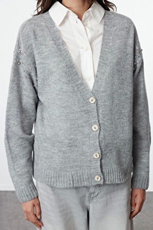 Kadın Moda Regular V Yaka Oversize Yumuşak Dokulu Taş Detaylı Geniş Kalıp Triko Hırka