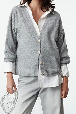 Kadın Moda Regular V Yaka Oversize Yumuşak Dokulu Taş Detaylı Geniş Kalıp Triko Hırka