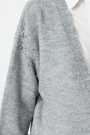 Kadın Moda Regular V Yaka Oversize Yumuşak Dokulu Taş Detaylı Geniş Kalıp Triko Hırka