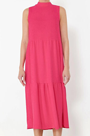 Yeni Regular Casual Günlük Aerobin Dokuma Dik Yaka Kolsuz Kol Shift Midi Boy Elbise