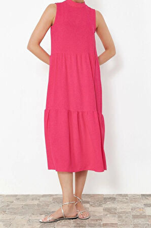 Yeni Regular Casual Günlük Aerobin Dokuma Dik Yaka Kolsuz Kol Shift Midi Boy Elbise