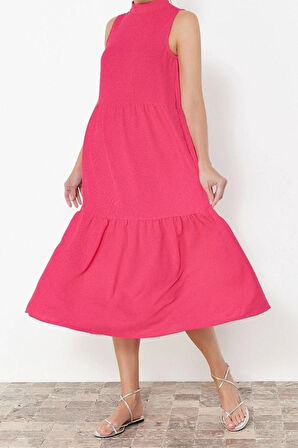 Yeni Regular Casual Günlük Aerobin Dokuma Dik Yaka Kolsuz Kol Shift Midi Boy Elbise