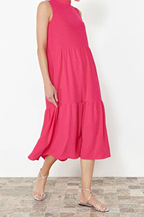 Yeni Regular Casual Günlük Aerobin Dokuma Dik Yaka Kolsuz Kol Shift Midi Boy Elbise