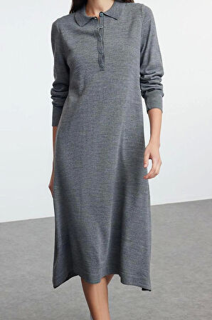 Kadın Moda Şık Midi Boy Polo Yaka Regular Triko Elbise