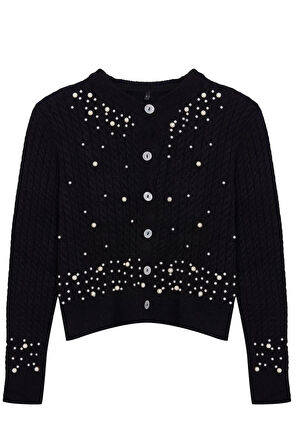 Kadın Moda Şık Crop Bisiklet Yaka Slim Crop Yumuşak Dokulu İnci Detaylı Ceket Görünümlü Triko Hırka
