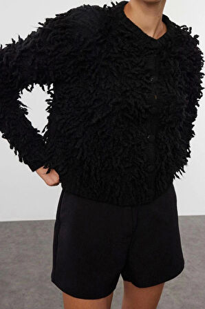 Kadın Moda Şık Regular Bisiklet Yaka Regular Püsküllü Mont Triko Hırka