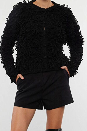 Kadın Moda Şık Regular Bisiklet Yaka Regular Püsküllü Mont Triko Hırka