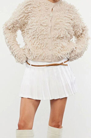 Kadın Moda Şık Regular Bisiklet Yaka Regular Püsküllü Mont Triko Hırka