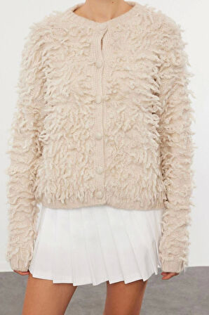 Kadın Moda Şık Regular Bisiklet Yaka Regular Püsküllü Mont Triko Hırka