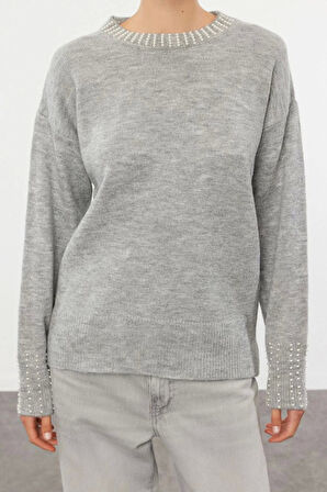 Kadın Moda Şık Bisiklet Yaka Standart Kol Regular Yumuşak Dokulu Taşlı Triko Kazak