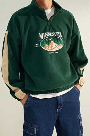 Unisex Moda Şık Oversize Dik Yaka Standart Kol Standart Geniş Kesim Fermuarlı Polar Sweatshirt